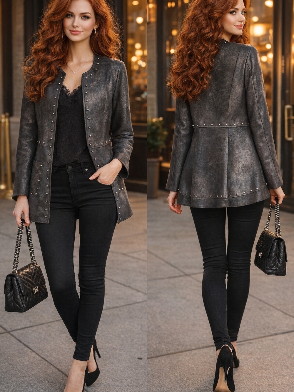 Joseph Ribkoff Metallic Black Stud-Trim Peplum Jacket